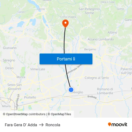 Fara Gera D' Adda to Roncola map