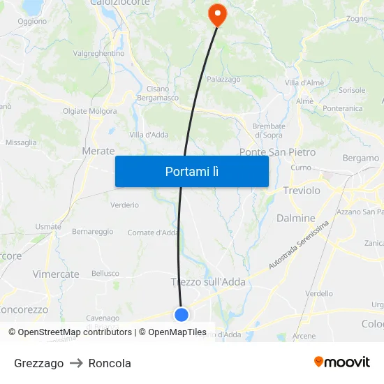 Grezzago to Roncola map