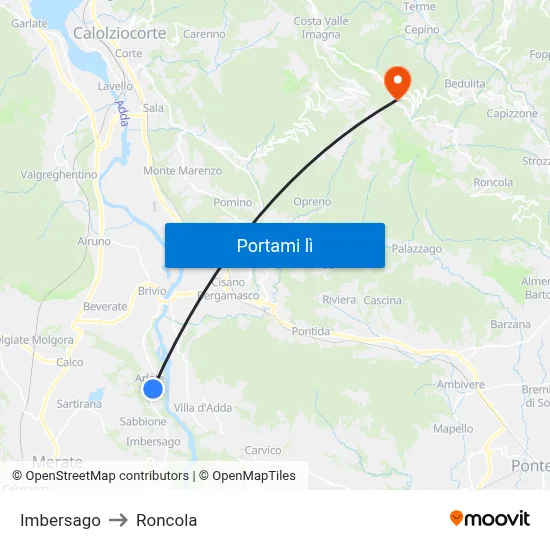 Imbersago to Roncola map