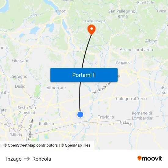 Inzago to Roncola map