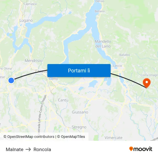 Malnate to Roncola map