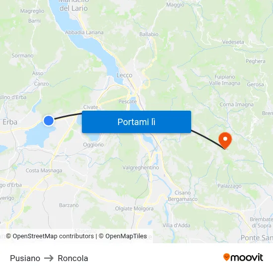 Pusiano to Roncola map
