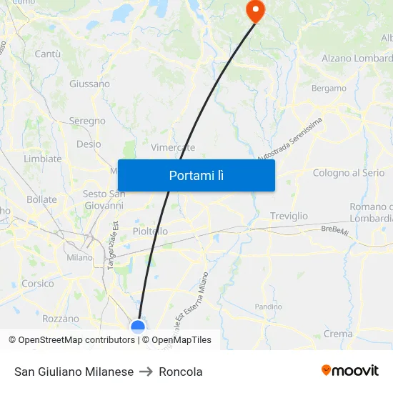 San Giuliano Milanese to Roncola map