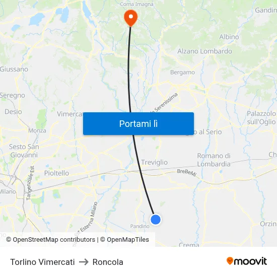 Torlino Vimercati to Roncola map