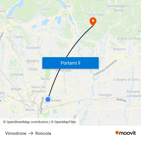 Vimodrone to Roncola map