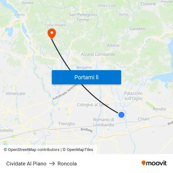 Cividate Al Piano to Roncola map