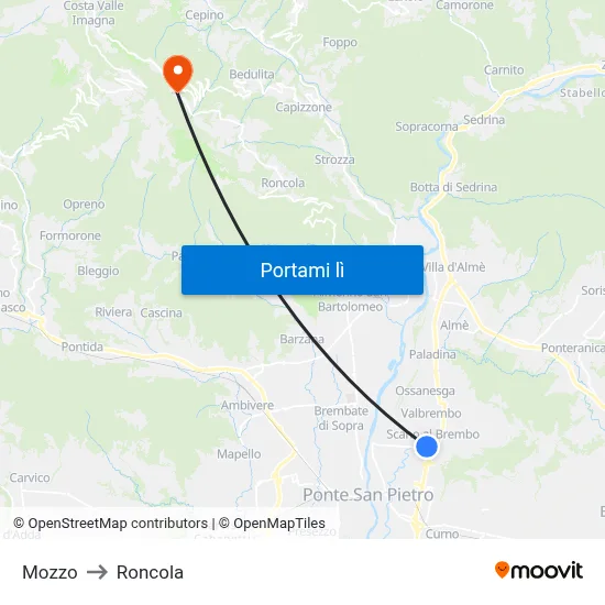 Mozzo to Roncola map