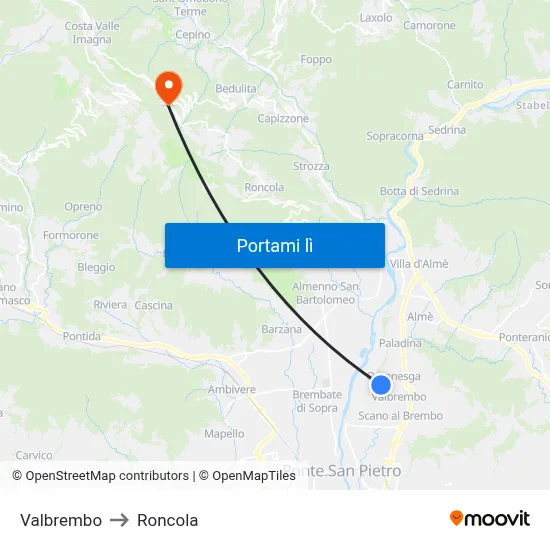 Valbrembo to Roncola map