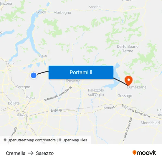 Cremella to Sarezzo map