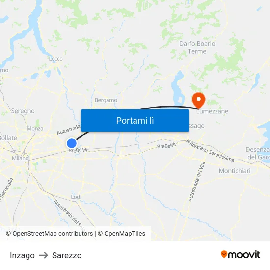 Inzago to Sarezzo map