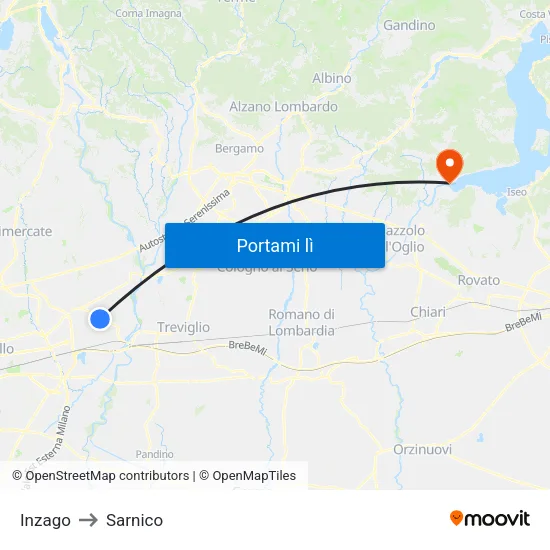 Inzago to Sarnico map