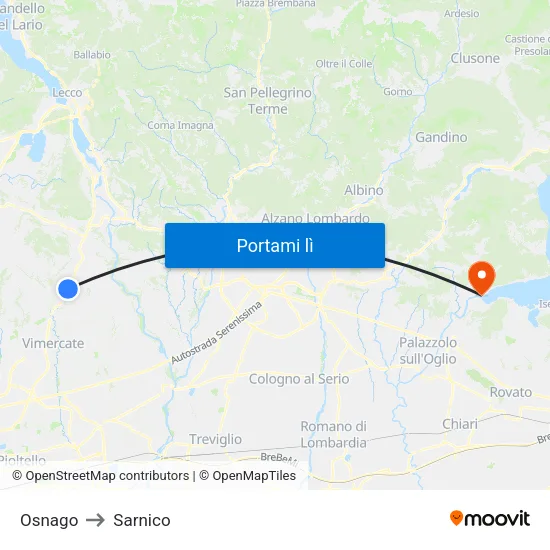 Osnago to Sarnico map
