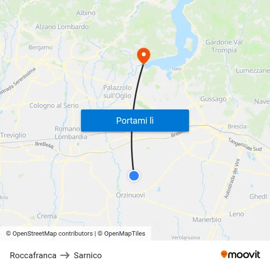 Roccafranca to Sarnico map