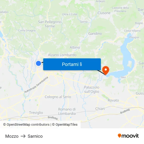 Mozzo to Sarnico map