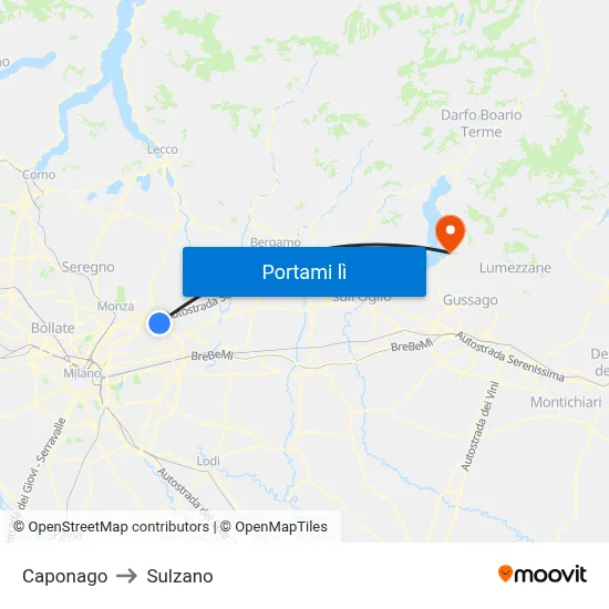 Caponago to Sulzano map