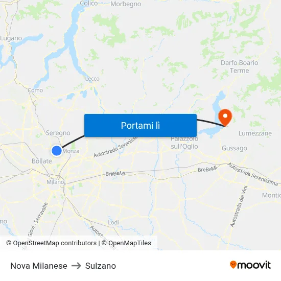 Nova Milanese to Sulzano map