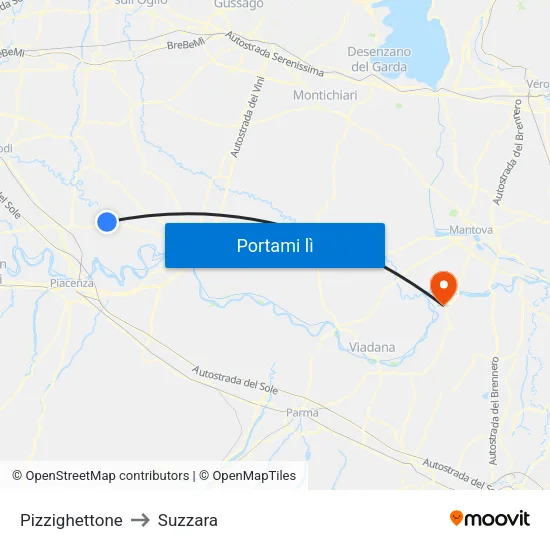 Pizzighettone to Suzzara map