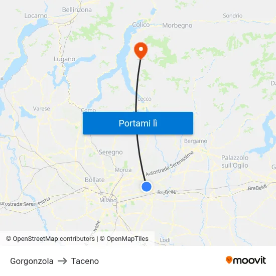 Gorgonzola to Taceno map