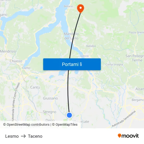 Lesmo to Taceno map