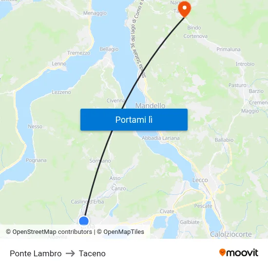 Ponte Lambro to Taceno map