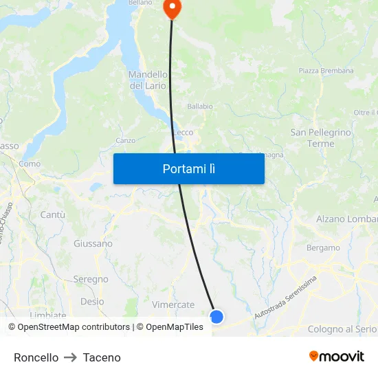 Roncello to Taceno map