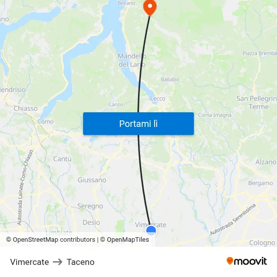 Vimercate to Taceno map