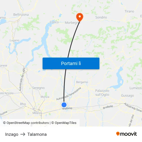 Inzago to Talamona map