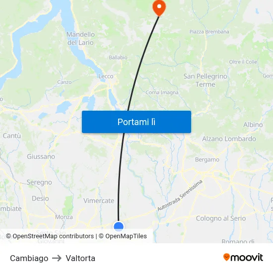 Cambiago to Valtorta map
