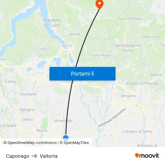 Caponago to Valtorta map
