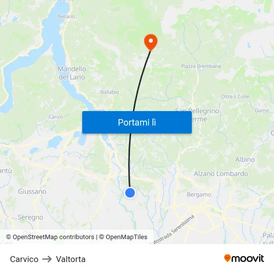 Carvico to Valtorta map