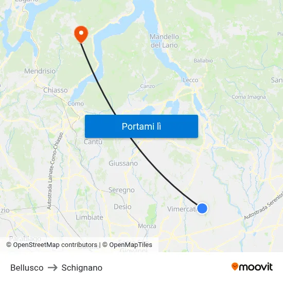 Bellusco to Schignano map