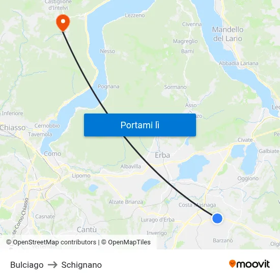 Bulciago to Schignano map