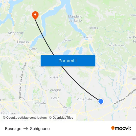 Busnago to Schignano map