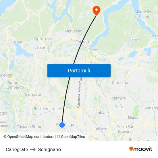 Canegrate to Schignano map