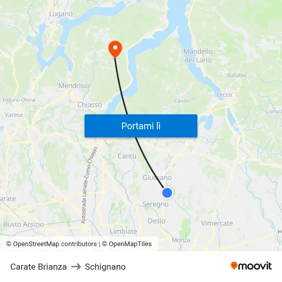 Carate Brianza to Schignano map