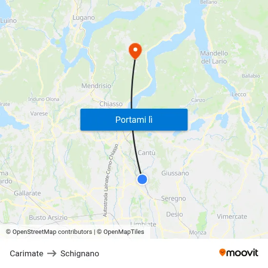 Carimate to Schignano map