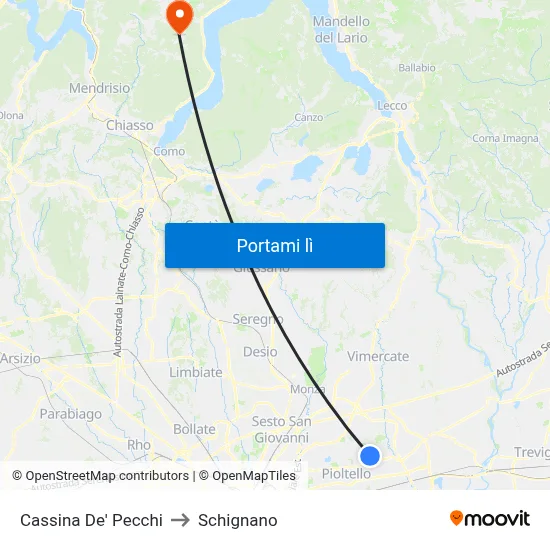 Cassina De' Pecchi to Schignano map