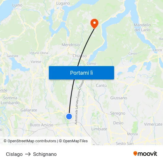 Cislago to Schignano map