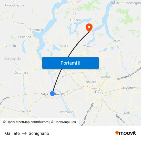 Galliate to Schignano map