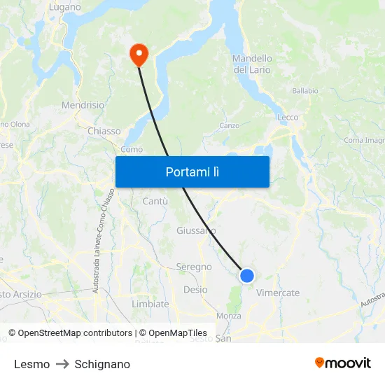 Lesmo to Schignano map