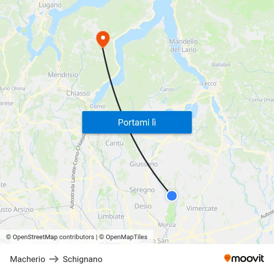 Macherio to Schignano map