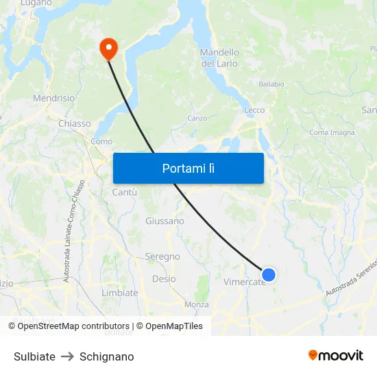 Sulbiate to Schignano map