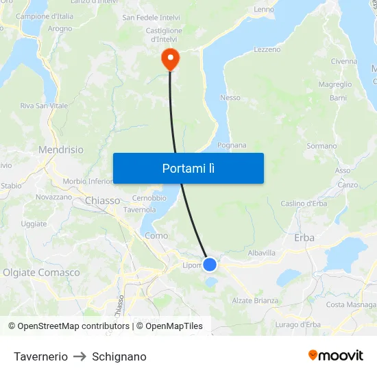 Tavernerio to Schignano map