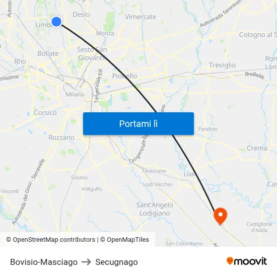 Bovisio-Masciago to Secugnago map