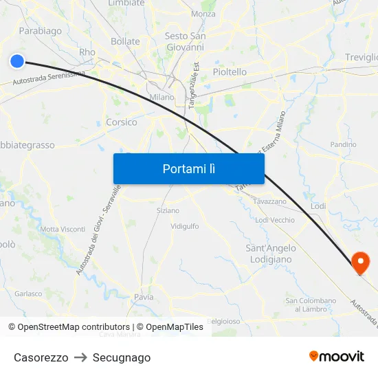 Casorezzo to Secugnago map