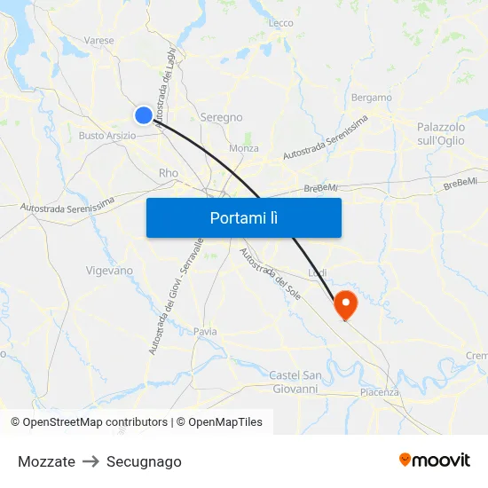 Mozzate to Secugnago map