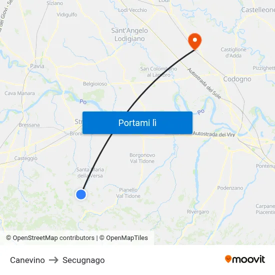 Canevino to Secugnago map