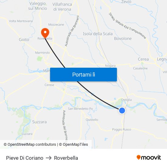 Pieve Di Coriano to Roverbella map