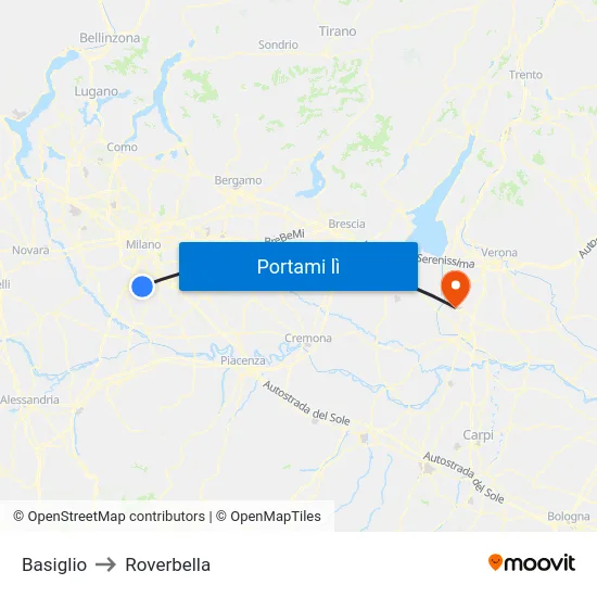 Basiglio to Roverbella map