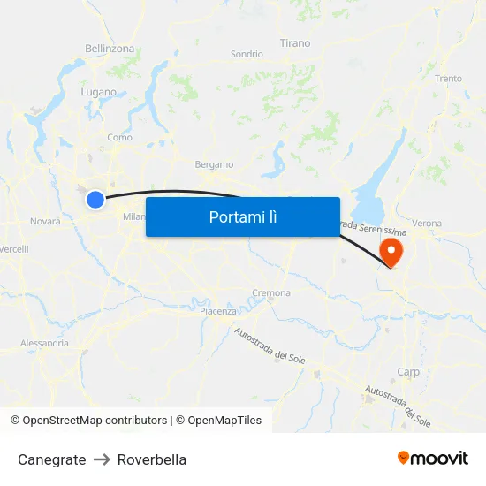 Canegrate to Roverbella map